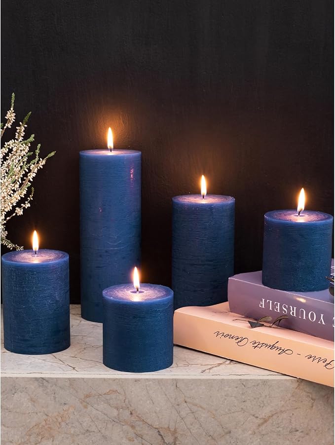 CANDWAX Assorted Pillar Candles Set of 3 – Sizes 3", 4", 8" Unscented Dripless Large Candles, Rustic Style Long Burning for Weddings, Decor – Dark Blue