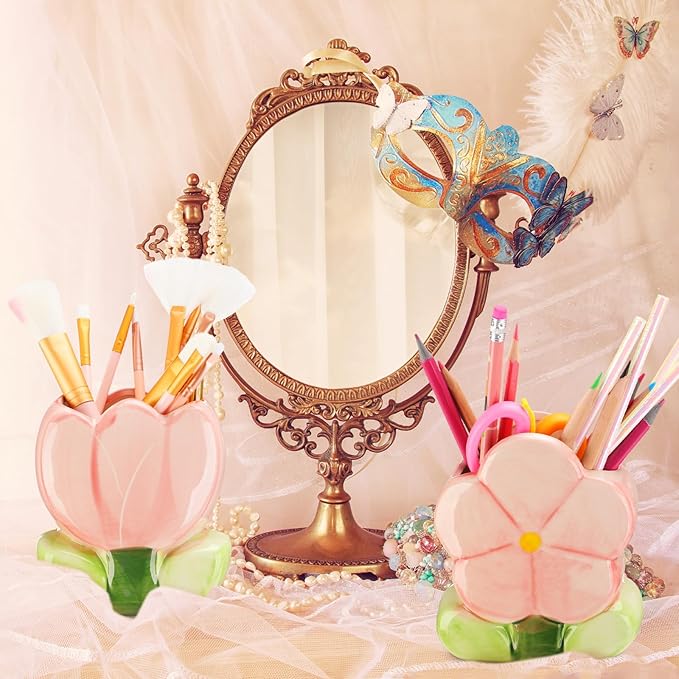 2 Pcs Pink Flower Ceramic Pen Holder Cute Tulip Pencil Holder Aesthetic Flower Makeup Brush Vase Decorative Desktop Organizer Birthday Gift for Women Office Home Wedding Party Decor