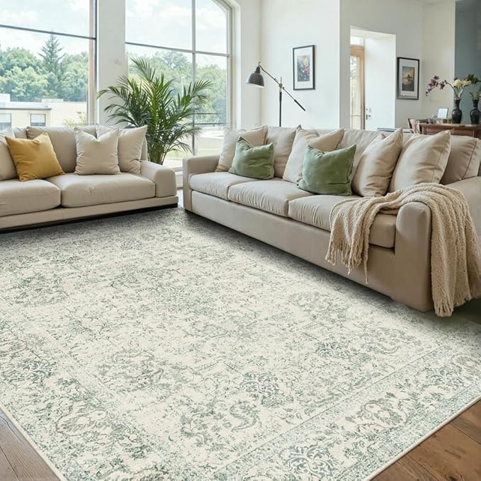Rugxara 6x9 Washable Area Rug for Living Room, Vintage Large Boho Rugs for Office, Dining Room, Kids Room, Farmhouse, Durable Low Pile Non Slip Carpet for High Traffic Areas, Light Green