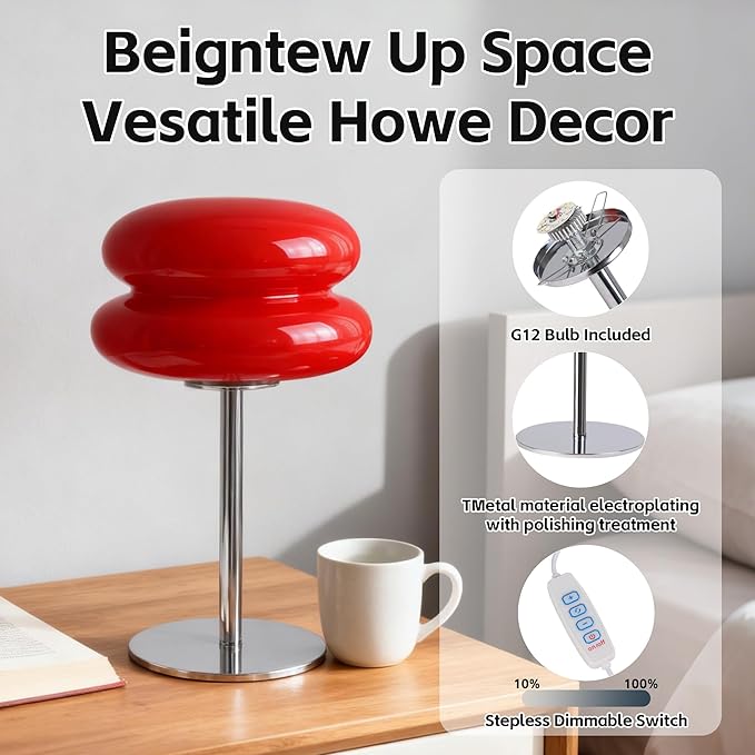 Bedroom Mushroom lamp, Medieval Modern Bedside Table lamp, dimmable Retro Egg Tart Headlight, Unique Home Mushroom Decoration Aesthetic Lovely Living Room Desk lamp (Red)