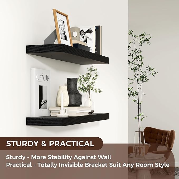 Venusmiles Floating Shelves for Wall 24 inch Long, Engineered Wood Wall Shelves with Invisible Brackets for Living Room Bedroom Bathroom Office Kitchen Decor and Storage, Black Finish, Set of 2