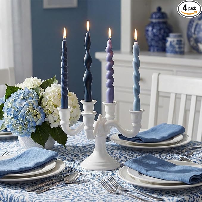 Nuanchu 4 Pcs Twisted Taper Candles Wax Unscented Smokeless Spiral Swirl Candlesticks for Wedding Holiday Dinner Party Home Decorations(7.87 Inch,Pure,Blue)