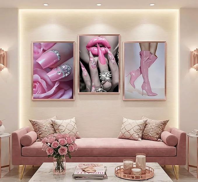 3Pcs Fashion Pink Women Canvas Wall Art Glam Funky Maiden High Heel Posters Prints Paintings Elegant Dreamy Lips Pink Pictures Wall Decor for Living Room Bedroom Home Decoration Unframed