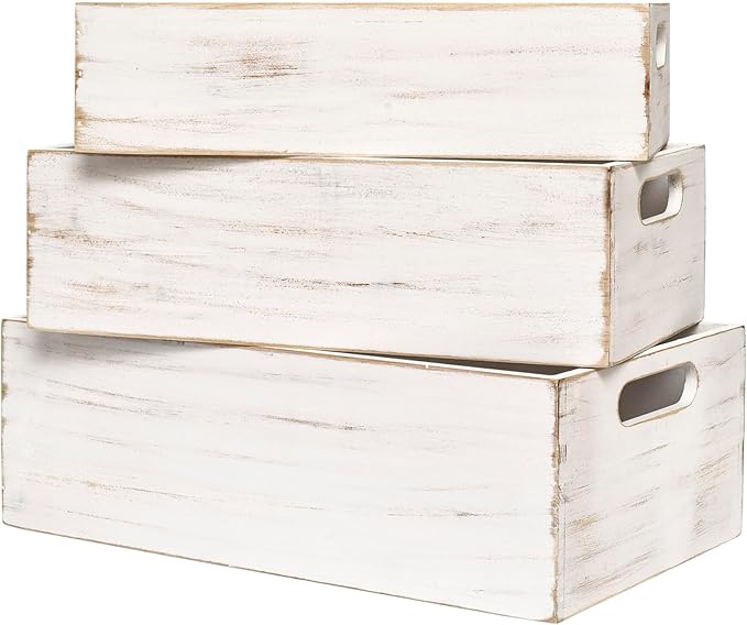 Set of 3 White Wooden Boxes for Storage Small Crates for Display and Organizing, Farmhouse Style Storage Boxes for Crafts, Decor, Home Pantry and Living Room