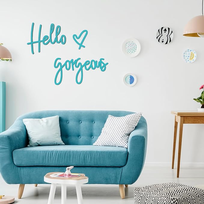 Blulu Hello Gorgeous Wall Decor Sign Hello Gorgeous Wall Art Minimalist Wooden Words Decor for Lash Room, Salon, Vanity or Makeup Room, Bathroom, Bedroom, Office(Blue)