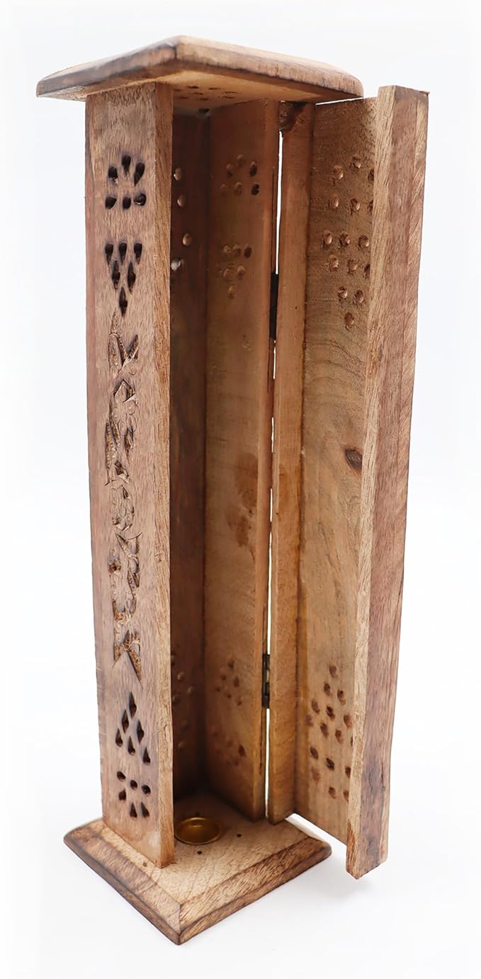 Hosley Hand-Carved Wooden Incense Stick Holder Tower – Tall Decorative Burner Box with Hinged Door for Aromatherapy, Meditation, Yoga, Home & Office Décor (Includes 20 Incense Sticks)