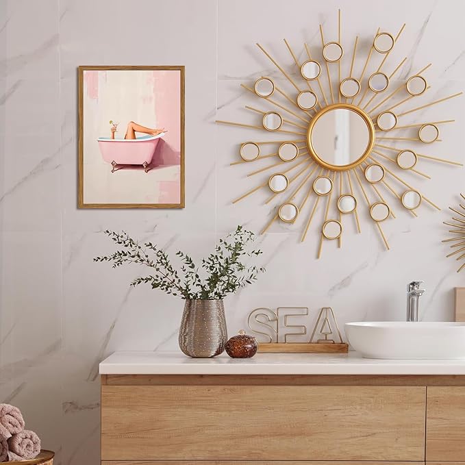 Funny Pink Girl Bathroom Wall Art, Cute Girly Bathtub Wall Decor Painting Trendy Pastel Woman and Martini Bathroom Poster Canvas Print Artwork 12x16 inch Framed