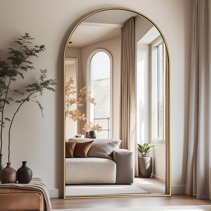 DMWOODFL Large Arched Full Length Mirror with Stand 76x34, Freestanding Floor Mirror or Wall Mounted, Tall Body Mirror with Aluminum Frame for Bedroom, Living Room, Gold