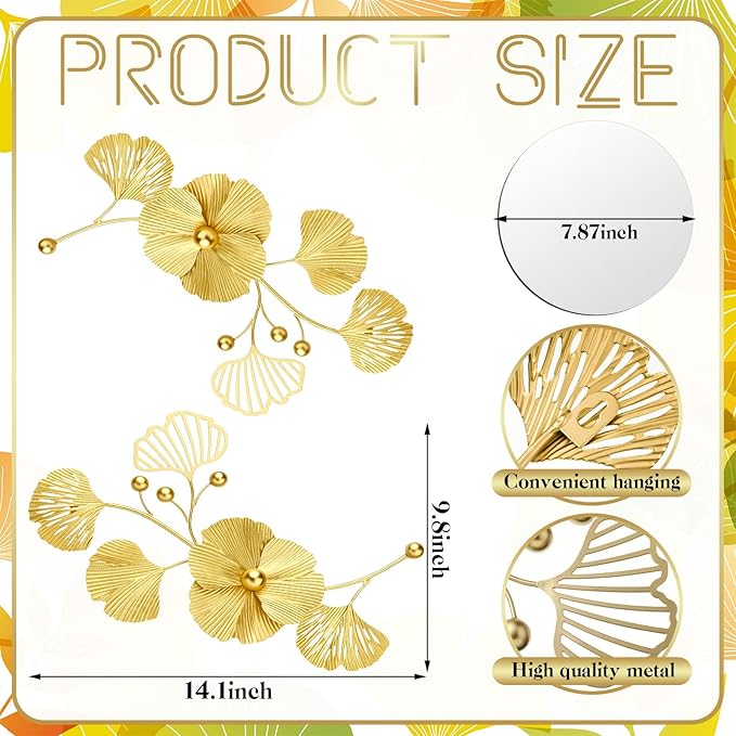 Tandefio 3 Pcs Metal Decorative Wall Mirrors for Living Room Metal Ginkgo Leaf Mirror Modern Creative Wall Decor Art Hanging Decor Mirror for Entrance Bedroom Living Room(Gold,16.inches)