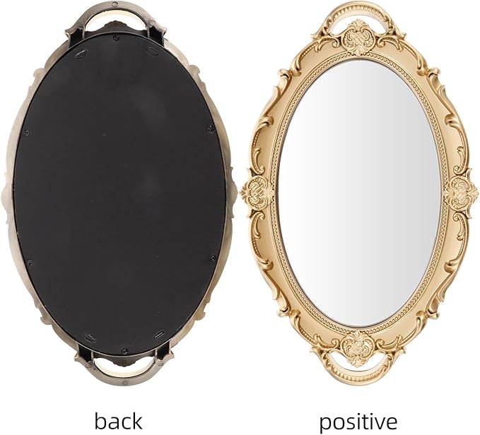Vintage Decorative Wall-Mounted Mirror with Baroque Embossed Frame, 36x23cm Dark Gold Oval Makeup Vanity Tray, Retro Princess Style Jewelry and Makeup Organizer for Bedroom Wall