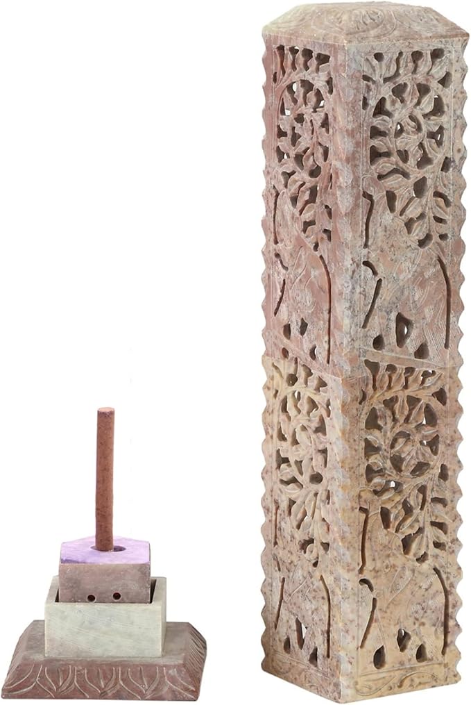 Handmade Carving Soapstone Incense Stick Tower Holder | Incense Stick Tower Burner Holder Spa Aromatherapy Home Office Fragrance Accessories Home Office Decor - (10 X 3 Inches)