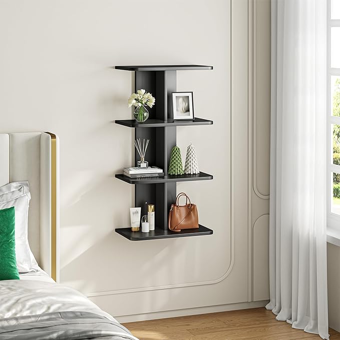 REIBII 4 Tier Wall Shelves, Vertical Column Black Floating Shelves for Wall Decor, Floating Shelf for Vanity, Bedroom, Living Room, Office
