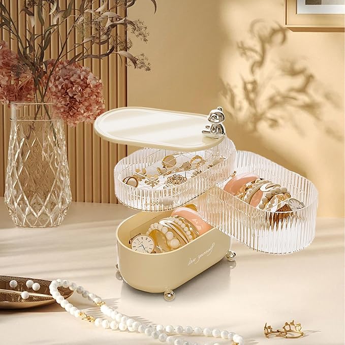 Jewelry Box, 3-Layer Rotation Jewelry Organizer, Acrylic Storage Boxes for Rings, Bracelets, Necklaces, Lipsticks, Make up Organizer for Vanity Top, Gifts for Women (3-Layer)