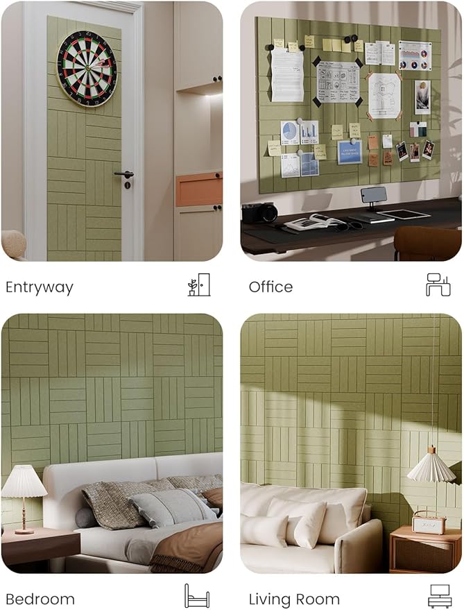 Bumusty Large Cork Board Alternative-48 x 36" Felt Bulletin Board Tiles, with 30 Pushpins, 70 Adhesive Tabs, Bold-Stripe 12-Pack, Cork Boards for Office Push Pin Board Felt Board-Olive Green
