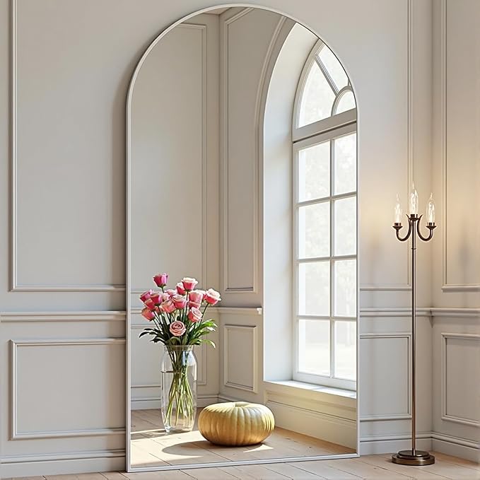 Prywot Arched Full Length Mirror, 76 "x 34" Floor Mirror Wall Mirrors Hanging or Leaning Arched-Top Full Body Mirrors with Stand for Bedroom, Dressing Room, White