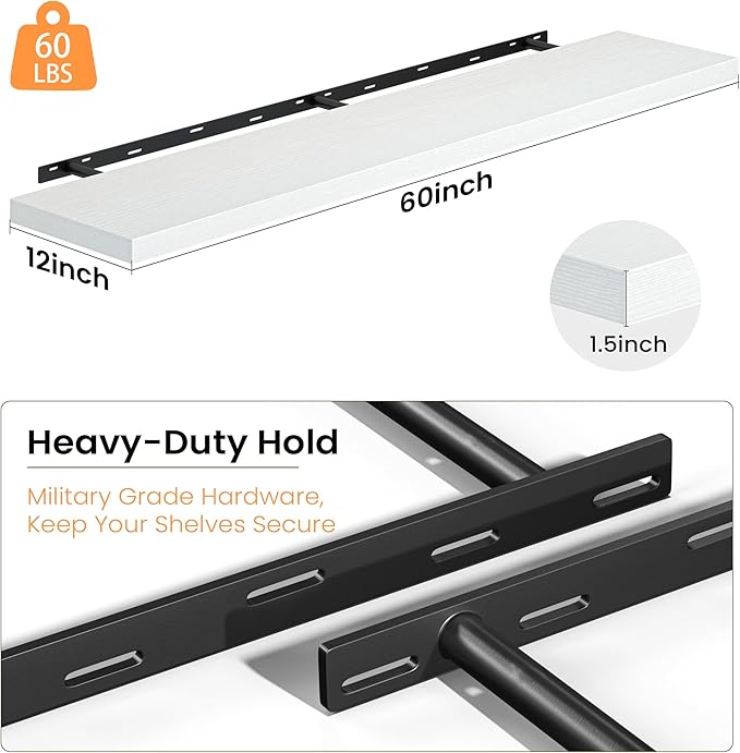 12 Inch Deep Floating Shelves, 60W x 12D Floating Shelf for Books, Rustic Wood Deep Wall Shelves for Home Storage & Display, 1.5" Thicked Shelves for Kitchen, Living Room, Bedroom, White, 2 Pack