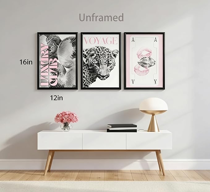 3pcs Pink Fashion Leopard Print Wall Art,Black and White Cheetah Pattern Canvas Poster,Funny Playing Card Painting,Lip Disco Ball Pictures Wall Decor for Girls' Room Living Room Bedroom 12x16in Unframed