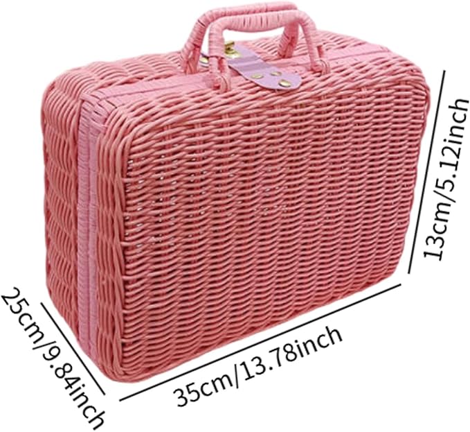 Woven Suitcase Imitation Rattan Storage Basket Sundries Container Gift Box with Handle Makeup Case Picnic Hamper for Desktop, Pink XL