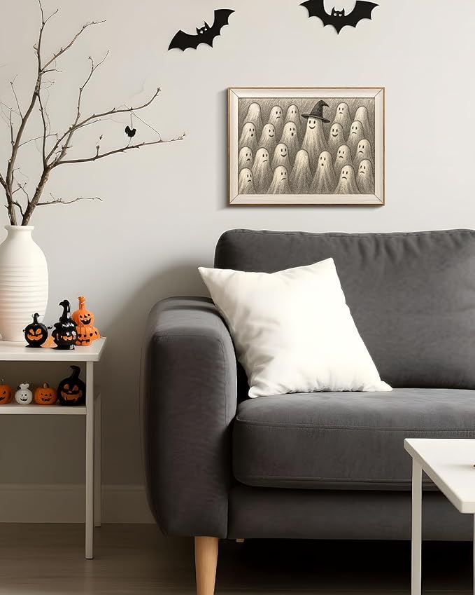 VIYYIEA Framed Wall Art for Living Room, Ghost Meeting Canvas Prints, Occult Home Decor, Halloween Painting Picture, Bathroom Wall Decor Gifts for Friends or Family - 16L x 12W