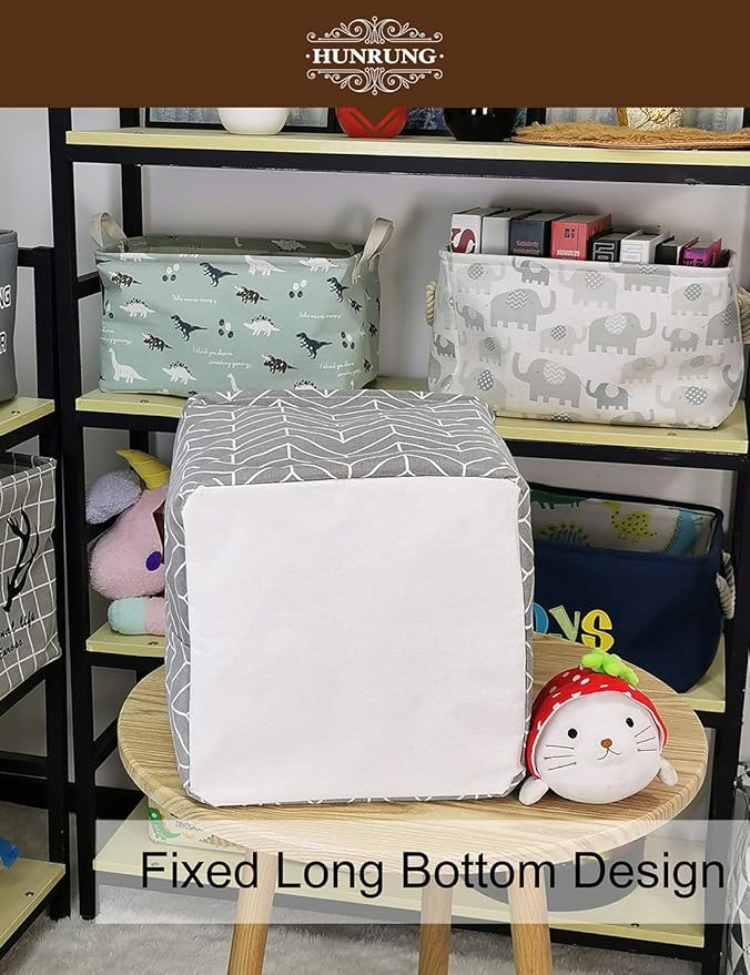 HUNRUNG Square Storage Bins Nursery Hamper Canvas Laundry Basket Foldable with Waterproof Nursery Boxes for Shelves/Gift Baskets/Toy Organizer/Office, Bedroom (Square-Grey wheat)