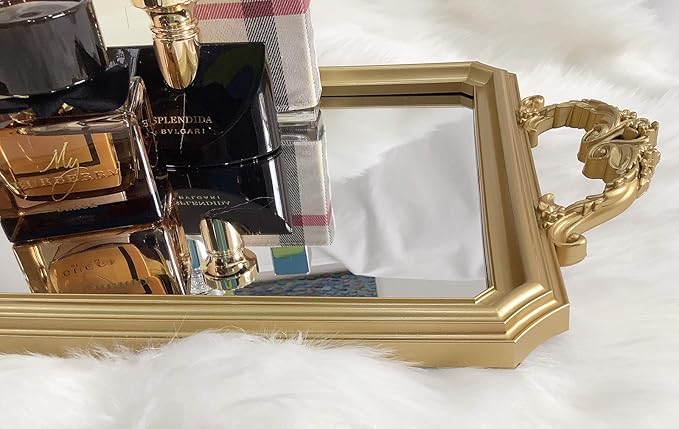 Rectangle Vintage Mirror Tray, Decorative Dresser Organizer for Perfume Makeup and Jewelry, Vanity Serving Tray for Party Gathering, 15.4 inch x 9.8 inch (Golden)