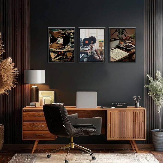 Black Girl Wall Art Decor Modern Black Woman Painting Prints, Set of 3 African American Music Record Player Poster Canvas Artwork for Bedroom Living Room 12x16 inch PS Framed