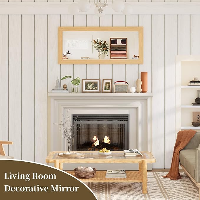 Syndra Modern Full Length Mirror Wood Frame, 56x20'' Large Floor Mirror with HD Tempered Glass & Wall Mount Option, Rectangular Standing Mirror for Bedroom, Living Room, Entryway, Farmhouse(Natural)