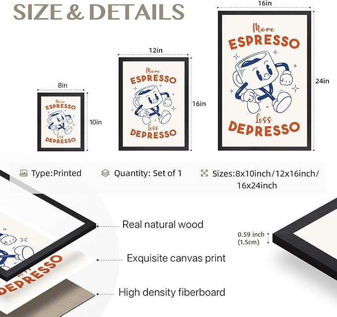 Cyebmo Black White Coffee Wall Art, More Espresso Less Depresso Wall Decor, Funny Coffee Canvas Painting, Cute Cartoon Cafe Cup Poster Print for Kitchen Office Cafe Bar, Wood Framed 12x16 Inch