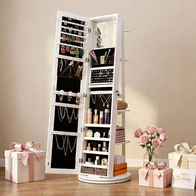 IRONCK 360° Swivel Mirrored Jewelry Cabinet with Full-Length Mirror, Charging Station, Lockable Standing Jewelry Organizer with Rear Storage Shelves, Interior Mirror, LED Lights, White