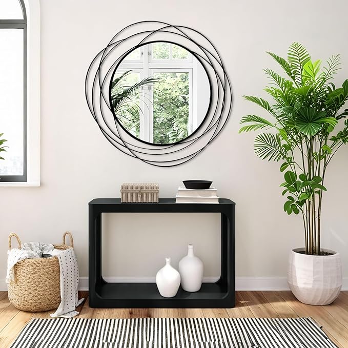 HQiJun Round Wall Mirror - 26.8" Large Black Circle Mirror for Wall with Art Decorative Durable Metal Frame, Modern Hanging Mirror for Bathroom Over Sink, Bedroom, Entryway, Vanity or Living Room