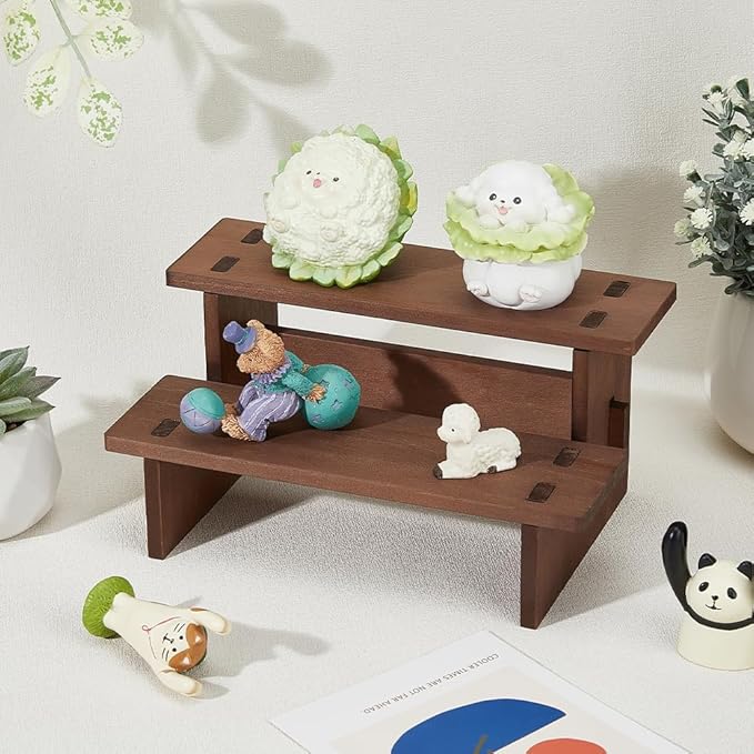 DICOSMETIC 2 Tier Wooden Display Risers Stand Display Shelves 4.72x6.42x3.94 Inch Rectangle Small Wood Table Cupcake Stand Spice Rack Organizer Coffee Perfume Organizer for Cabinet Home Wedding Party