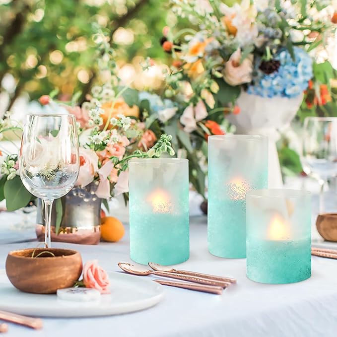 Blue Flameless Candles with Remote Aqua Glass Handmade Sandblast Battery Operated Candles Flickering Decorative LED Pillar Candles for Home Bathroom Coastal Theme Wedding Decorations
