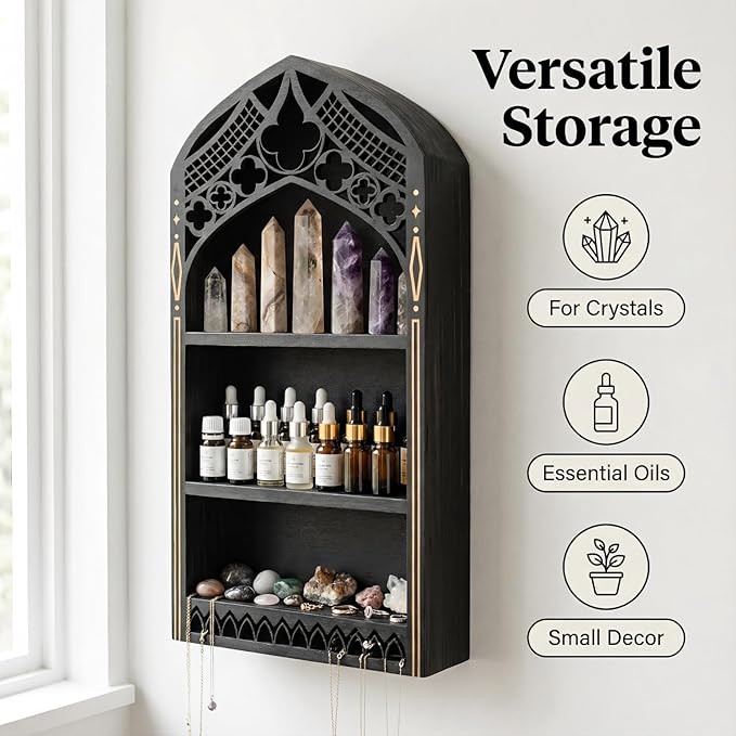 Gothic Window Crystal Display Shelf, 1.96" Deep Wooden Wall Mounted Gemstone Crystal Holder, Witchy Decor Trinket Organizer for Healing Stones -2026 Upgraded (Window-7.9" W x 15.7" H)
