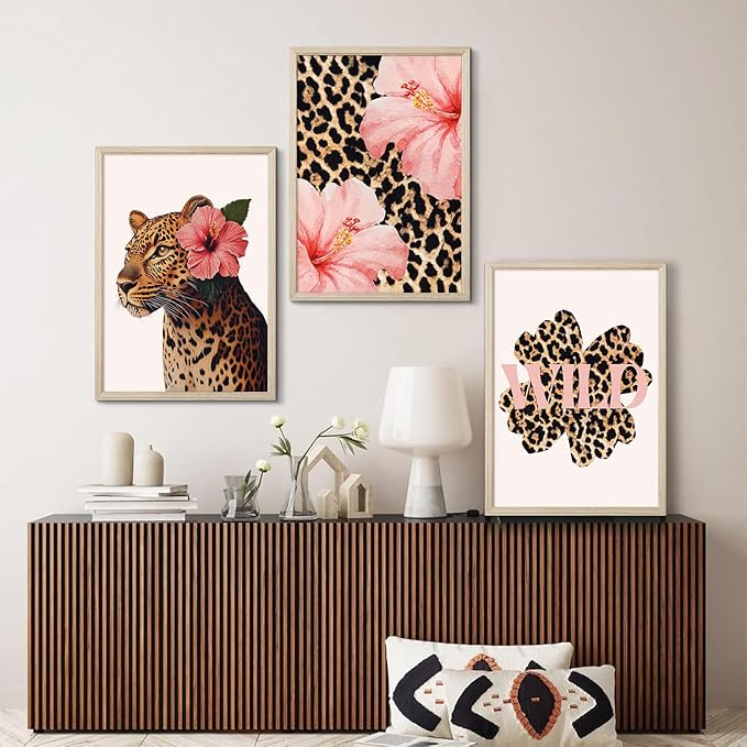 Trendy Leopard Wall Art Pink Cheetah Print Room Decor Leopard Flower Canvas Wall Decor Cheetah Aesthetic Poster Girly Pink Preppy Picture Funky Y2k Artwork for Girl Bedroom 24x36x3 Inch Wood Framed
