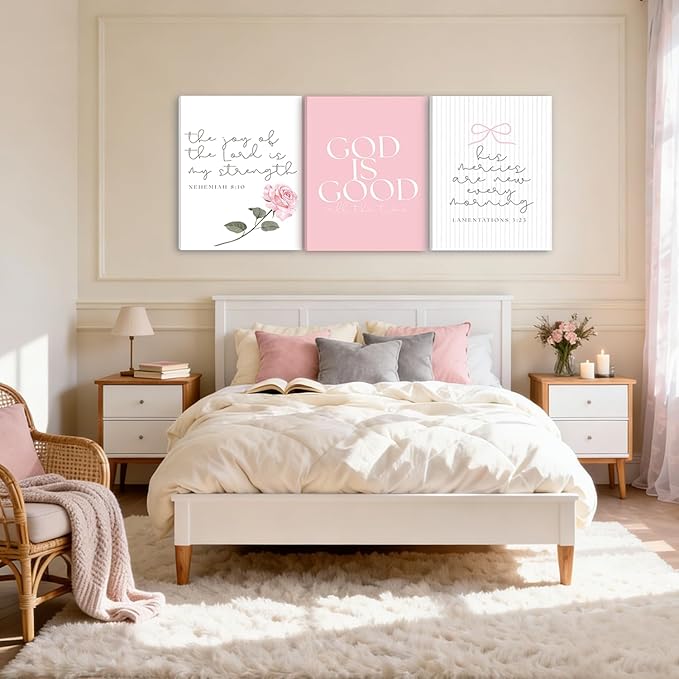 3Pcs Pink Christian Canvas Wall Art Coquette Bow Poster Print Aesthetic Picture Preppy Painting Wall Decor For Girls Bedroom Bathroom or Dorm 12x16in (Stretched Canvas On A Wooden Frame)
