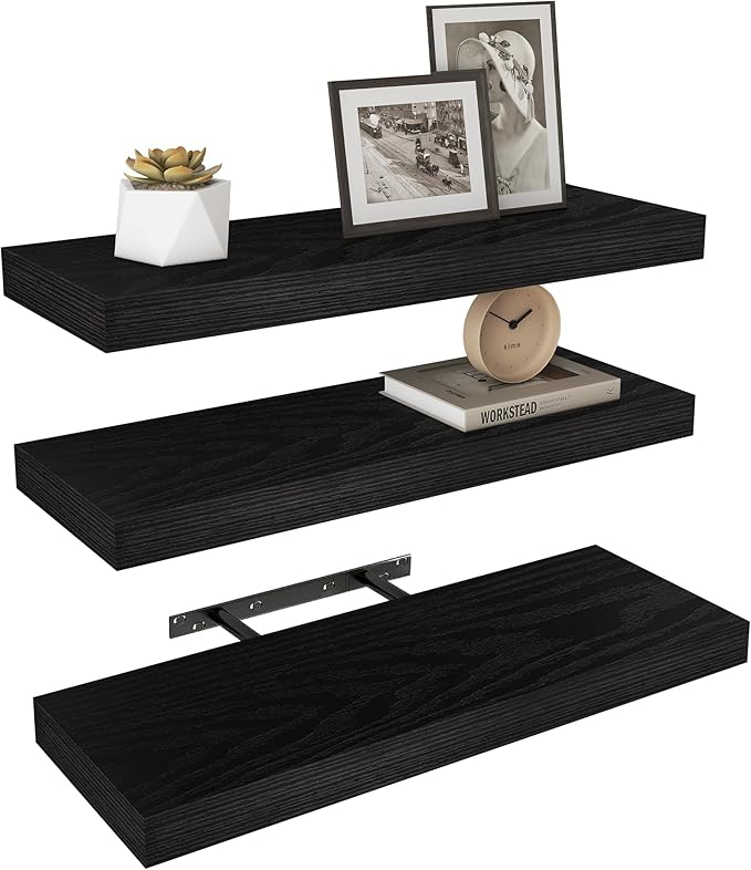 Vervida® 3 Pack Black Floating Shelves,24" W x 7.9" D x 1.5" H, Holds Up to 37 Lbs, Ideal for Living Room, Bedroom, Bathroom, Kitchen, Office, Storage, Display, with Invisible Brackets Wall Shelves