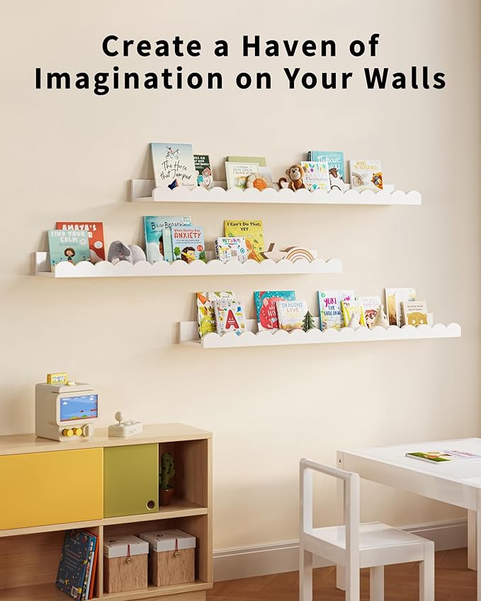 G&W Gruwald Nursery Book Shelves, Set of 3, Nursery Decor for Baby and Toddler, Scalloped Shelves, Book Shelf for Kids Rooms, Wall Book Shelf for Bedroom Kids (White, 36 Inches)
