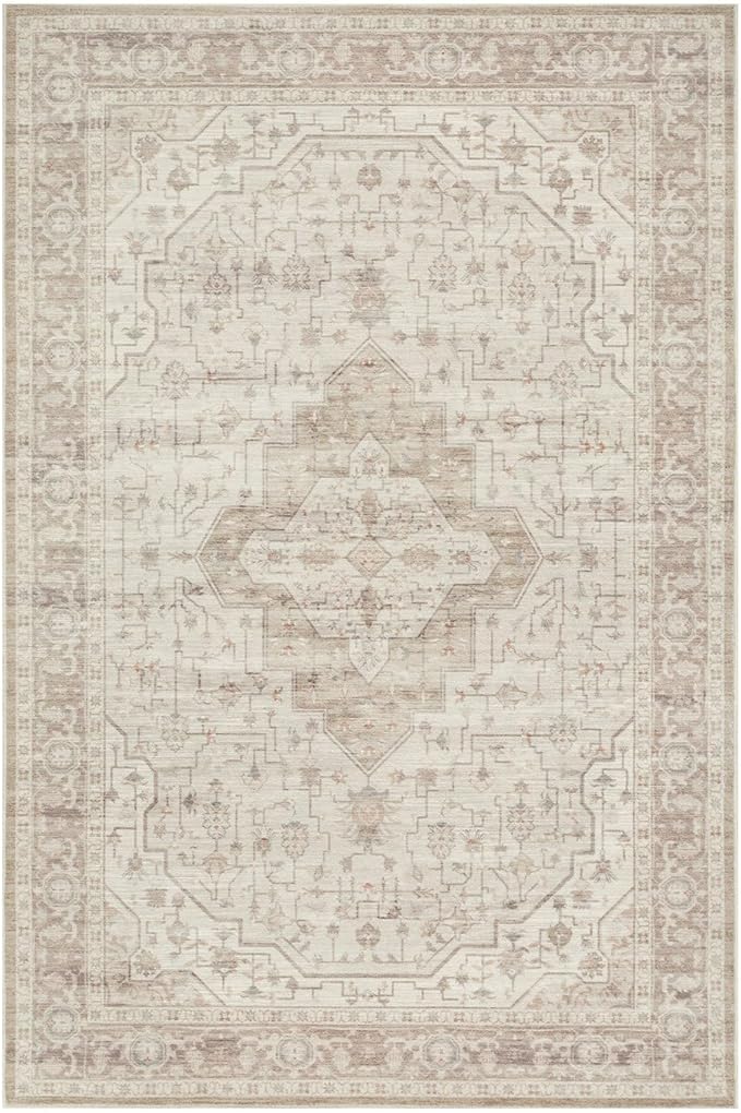 Rugxara 5X7 Washable Area Rug for Living Room, Vintage Neutral Large Boho Rugs for Office, Dining Room, Kids Room, Farmhouse, Durable Low Pile Non Slip Carpet for High Traffic Areas, Light, Cream