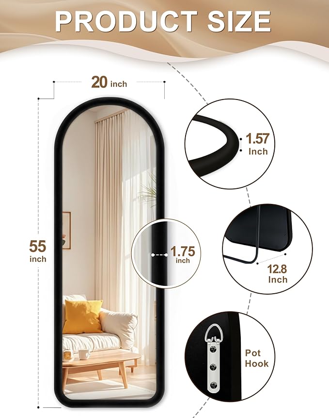 Delma Arched Full Length Mirror, Free Standing Floor Velvet Finish Frame Mirror for Leaning or Hanging, Soft Touch Bedroom & Living Room Decor, Black