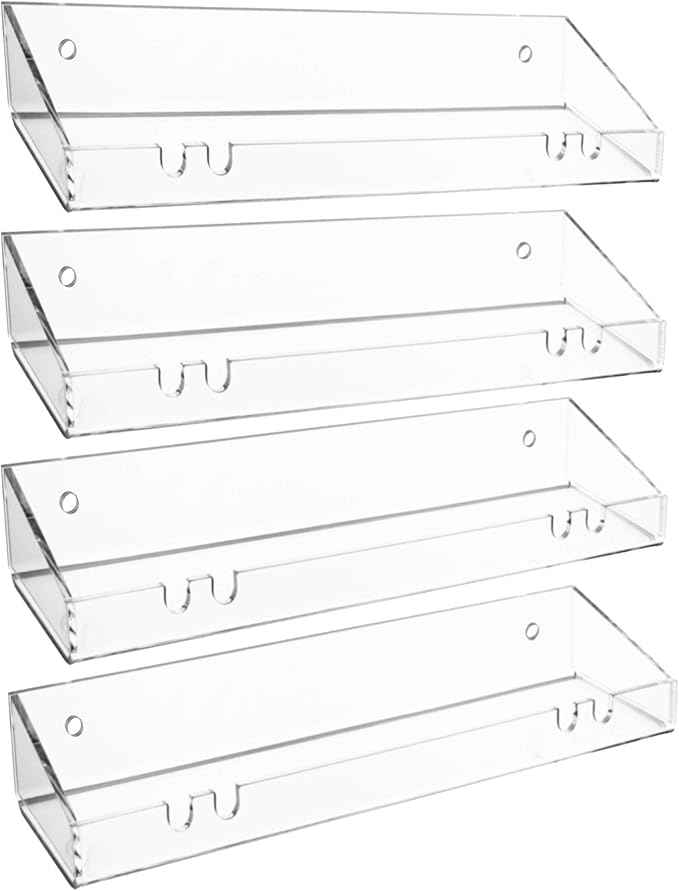 AMT 4 Pack Acrylic Floating Shelves, 15"L x 4.8"W, Clear Bathroom Wall Shelves, Bookshelves, Invisible Shelf For Office, Bedroom, Kitchen, Design with Hanging Slots for Sponge, Free Screws & Drill Bit