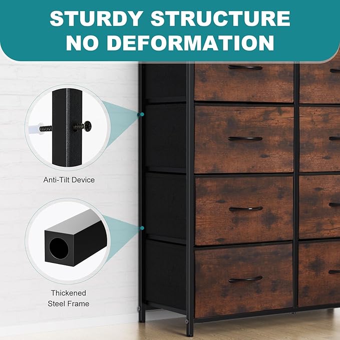 OLIXIS Dresser for Bedroom, 8 Storage Drawers, Tall Large Fabric Storage Tower Organizer, Chest of Drawers with Metal Frame Wooden Top for Nursery, Closet, Living Room, Entryway, Classic Rust Brown