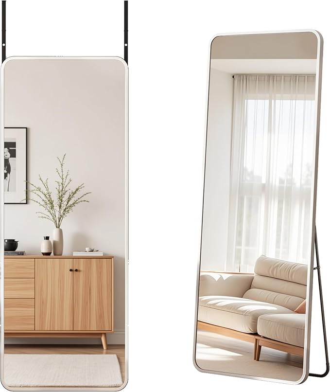Antok Over The Door Mirror Full Length, 49'' x 14''Wall Mounted Hanging Mirror, Aluminum Alloy Frame, Shatterproof Glass, No Drill Installation for Bedroom, Closet, Bathroom, Dorm, Round Corner, White