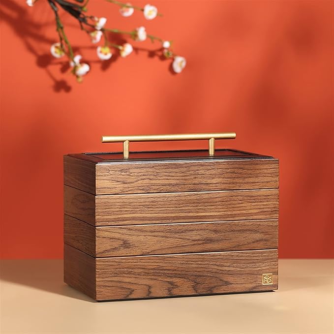 Makeup Organizers 4-Layers Solid Wooden Jewelry Box for Women Jewelry Armoire Ring Necklacel Gift Storage Box Walnut Wood Color Organizer with Handle Jewelry Case (Color : Wood Color 4layers)