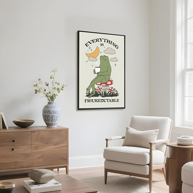 Licpach Cute Frog Wall Art Everything Is Figureoutable Quote Poster Motivational Wall Decor Canvas Print Inspirational Painting for Office Living Room Positive Mindset Picture 16x24inch Black Frame