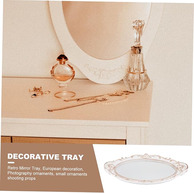 ABOOFAN Antique Oval Mirror Tray Elegant Makeup Organizer Photo Prop for Home Weddings Birthdays and Vintage Styling Convenient Dual Handles for Easy Carrying