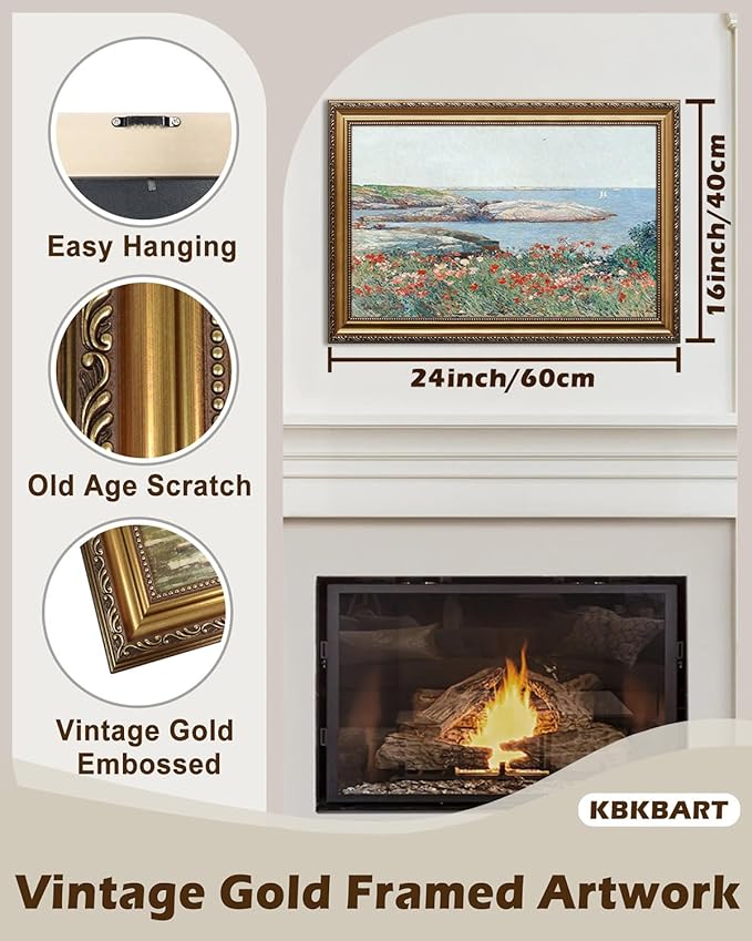 KBKBART Vintage Framed Wall Art for Living Room, Vintage French Coastal SeaScape Canvas Art Prints Farmhouse Decor, Country Wildflower Landscape Painting, Gold Framed Spring Flower Wall Art for Bathroom Bedroom Gallery, 16"x 24"