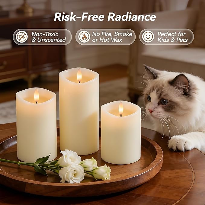 Rechargeable Flickering Flameless Candles Melted Edge Battery Operated with Remote and Timer, Real Wax LED USB Type-C Pillar Candles, Set of 3 (3" x 4",5",6"), Ivory, Home Decor