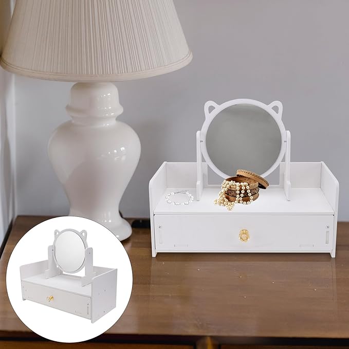 Tofficu Desktop Makeup Mirror with Storage Drawer, Large Round Cosmetic Organizer for Women, Multifunctional Vanity Mirror with Single Drawer for Bedroom and Dressing Table