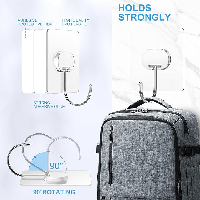 JINSHUNFA Adhesive Wall Hooks 13LB Heavy Duty No Drill Large Transparent Waterproof Hooks for Bathroom Kitchen Towel Coat 12 Pack