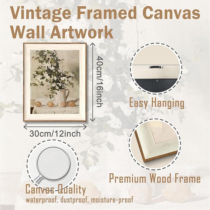 ASTRDECOR Framed Vintage Wall Art, Farmhouse Wall Decor White Flowers Canvas Oil Painting, Vintage Kitchen Decor Floral Wall Art Lemon Botanical North Art Prints for Kitchen Bedroom - 12''x 16''